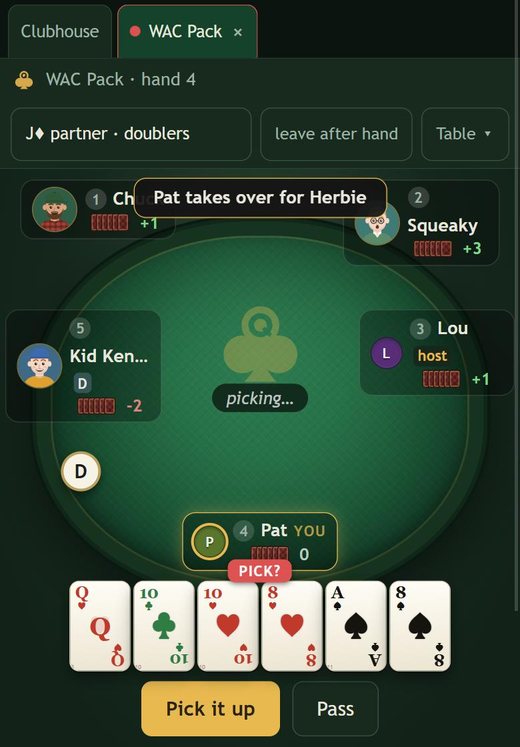 A player's turn on a phone: six cards along the bottom and Pick it up and Pass buttons under them.
