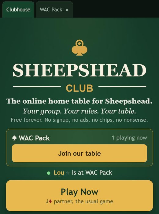 The front page for a signed-in member: WAC Pack at the top, 1 playing now, with a Join our table button.