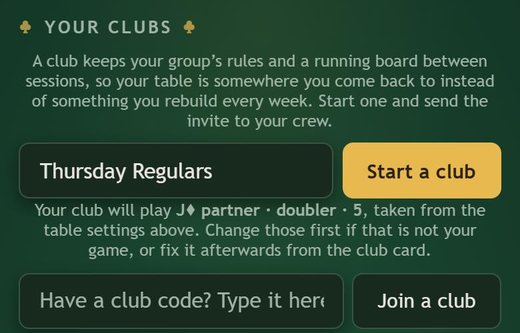 The Your clubs box with Thursday Regulars typed in as the club name, next to a gold Start a club button.