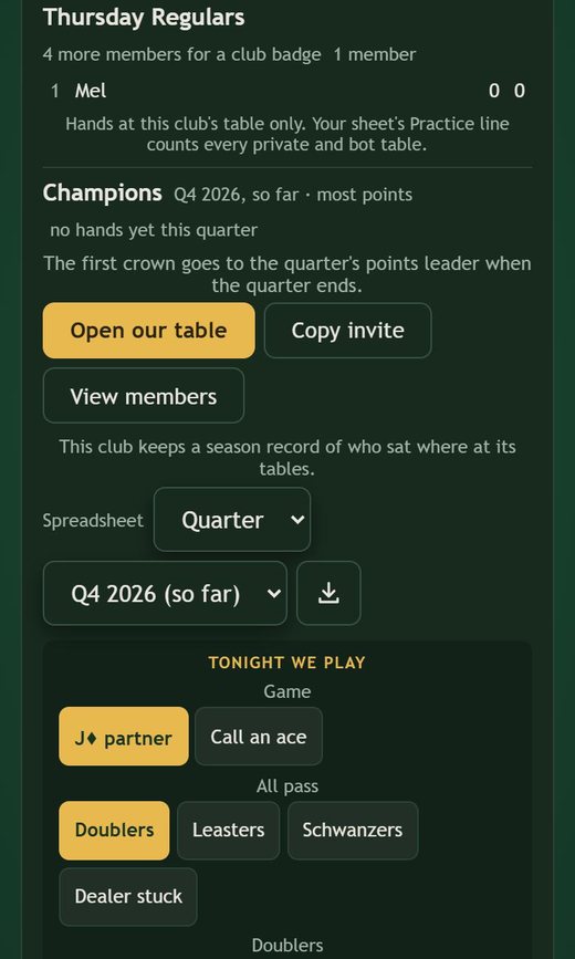The club card for Thursday Regulars, with one member, the Champions line, and Open our table, Copy invite and View members buttons, then the season spreadsheet and the start of Tonight we play.