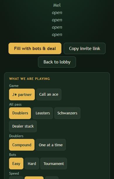 A club table waiting for players: one seat taken by Mel and four open, with Fill with bots and deal, Copy invite link and Back to lobby buttons, and the table settings below.